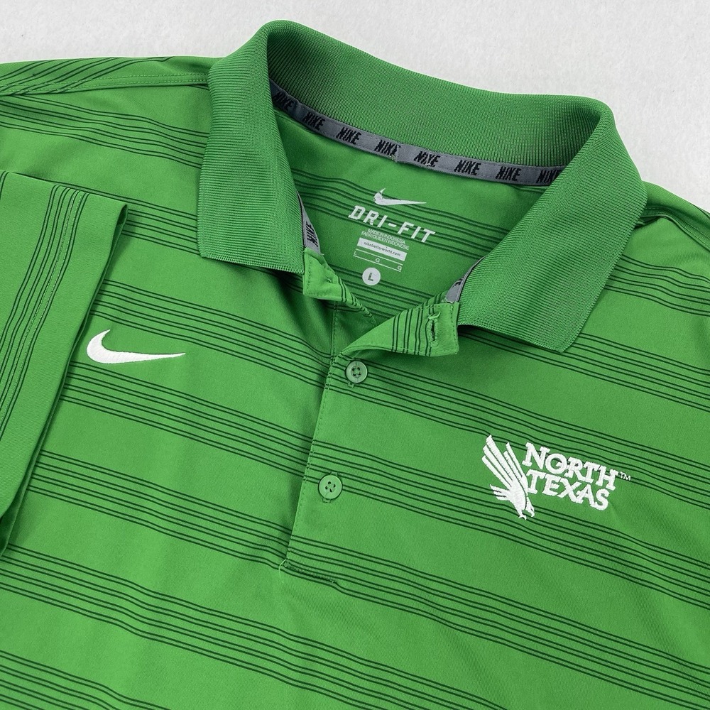 Nike UNT Polo Shirt Mens L Green Striped Dri Fit Performance North Texas